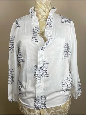 Women’s V-Neck Women’s White Ruffled Script Print Blouse - L